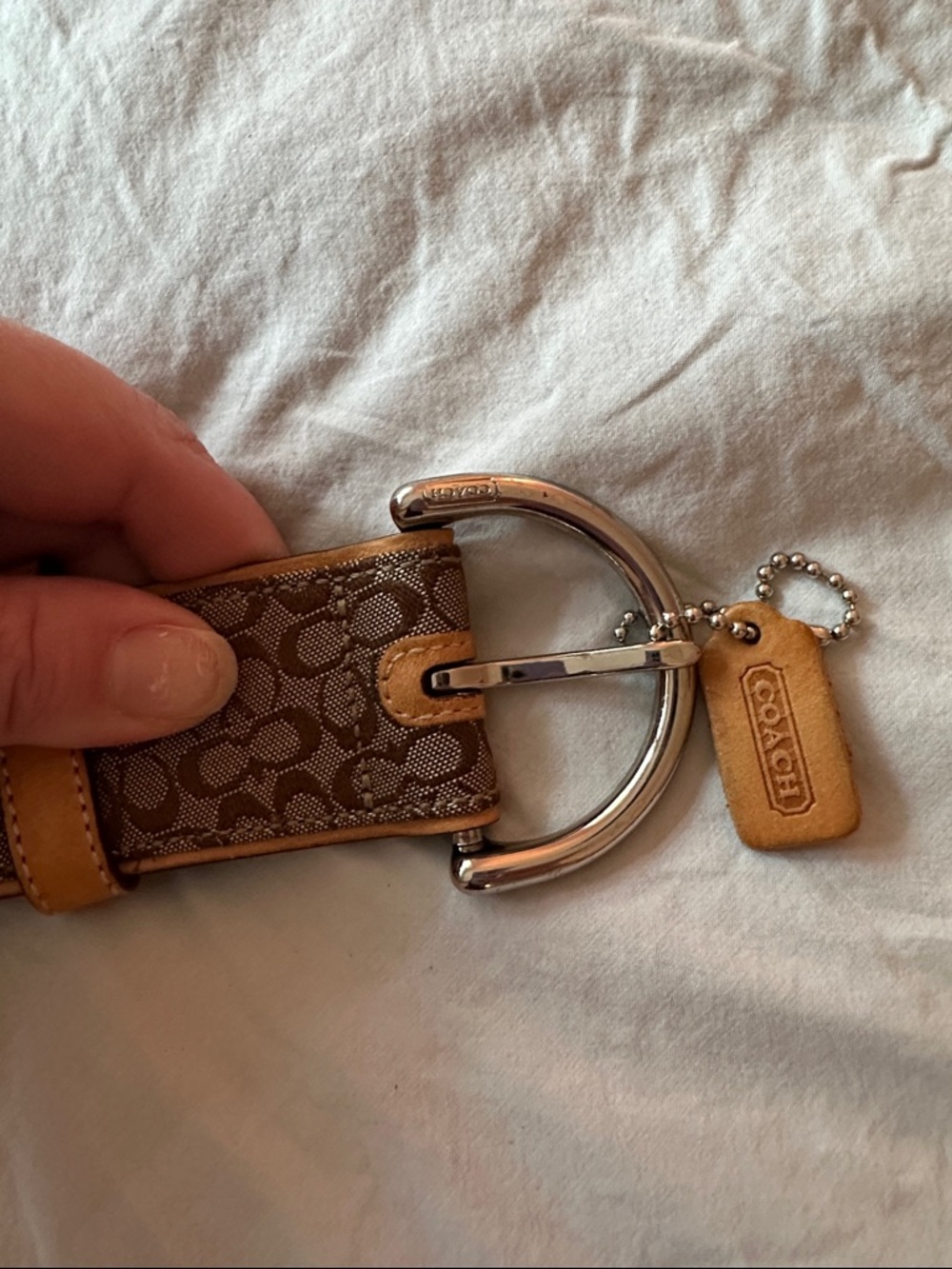 Coach Monogram Canvas Belt in Brown with Tan Leather Trim and Silver Hardware - Picture 4 of 5